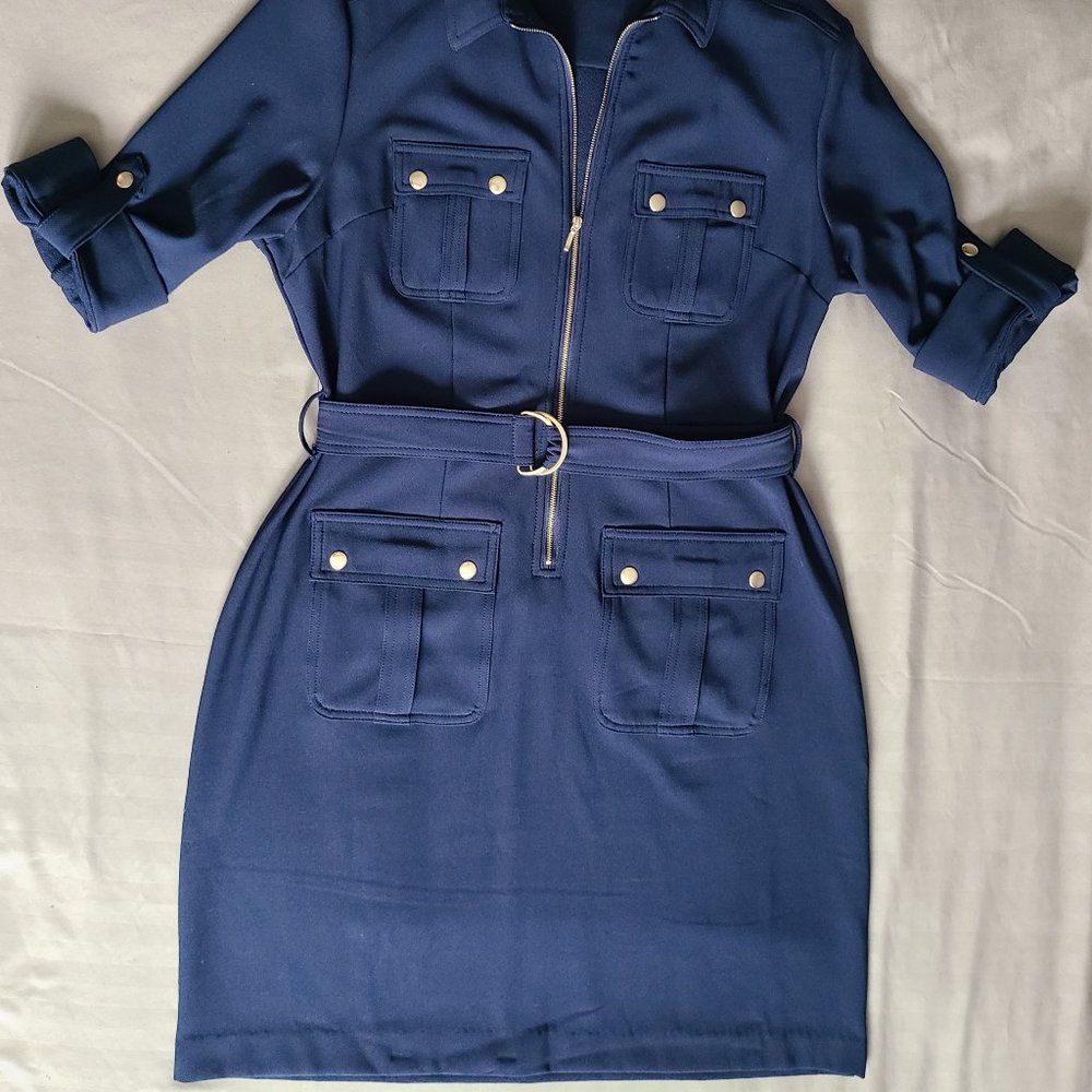 SUZY SHIER (NEW) Navy Blue Cargo Dress w/Brass Buttons - Picture 3 of 9